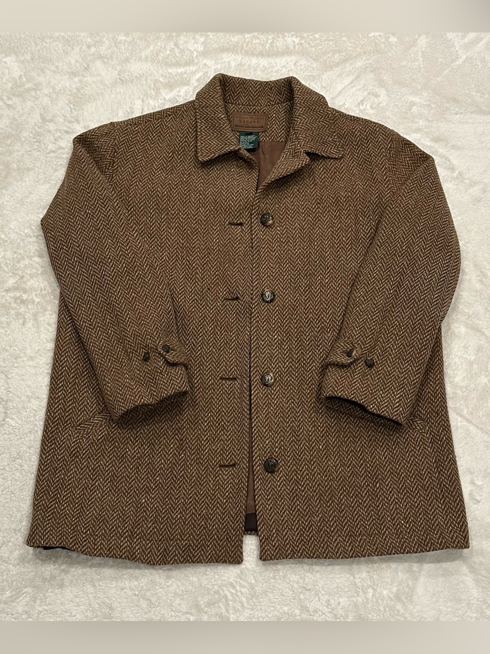Vtg Lauren Ralph Lauren Herringbone Wool Coat L Equestrian Horse Crest Buttons